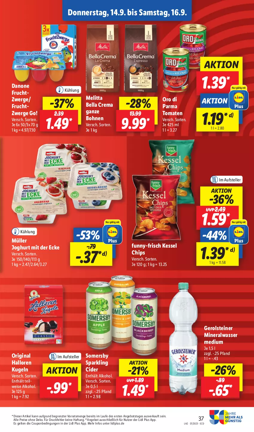 Aktueller Prospekt Lidl - Aktionsprospekt - von 11.09 bis 16.09.2023 - strona 53 - produkty: alkohol, Alwa, angebot, bella crema, bohne, bohnen, chips, cider, coupon, danone, danone fruchtzwerge, eis, elle, frucht, fruchtzwerge, funny-frisch, gerolsteine, gerolsteiner, gin, joghur, joghurt, joghurt mit der ecke, Kugel, melitta, mineralwasser, Mineralwasser Medium, Müller, oro di parma, reis, somersby, steiner, teller, Ti, tomate, tomaten, wasser, ZTE