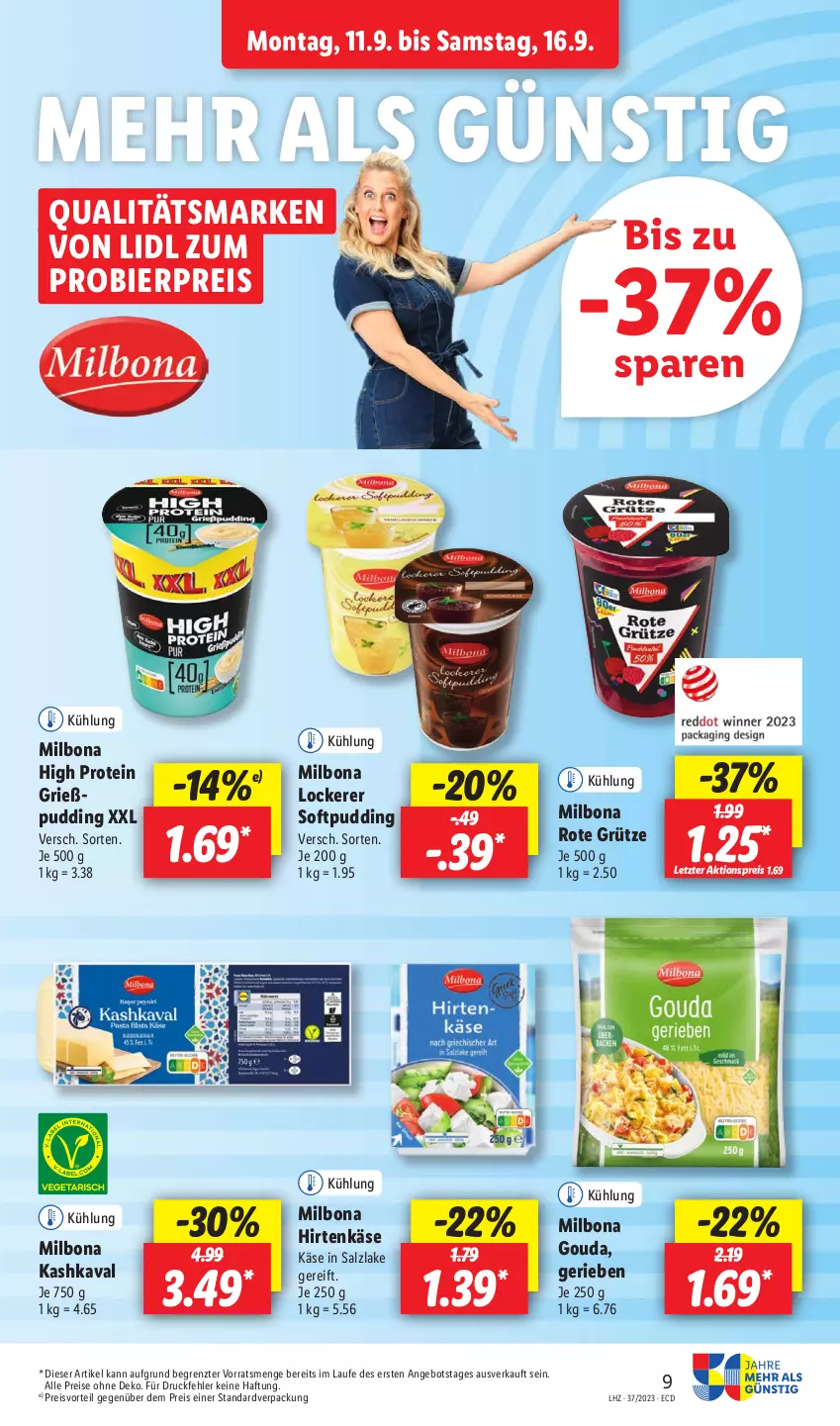 Aktueller Prospekt Lidl - Aktionsprospekt - von 11.09 bis 16.09.2023 - strona 7 - produkty: aktionspreis, angebot, bier, Bona, eis, gouda, grütze, hirtenkäse, Käse, Kashkaval, Milbona, preisvorteil, pudding, reis, Rote Grütze, salz, Ti, ZTE