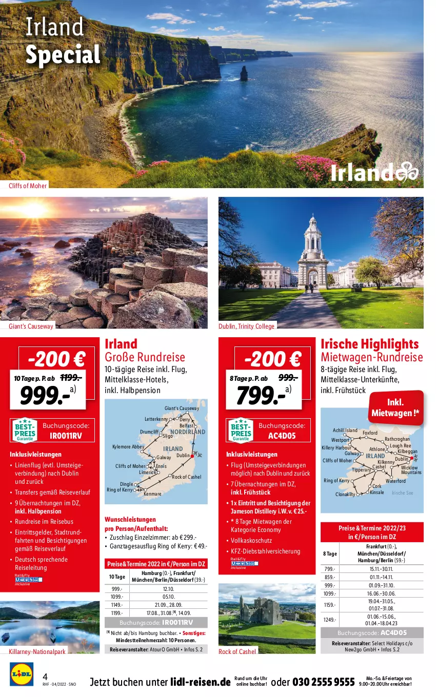 Aktueller Prospekt Lidl - Monatliche Reise-Highlights - von 30.03 bis 25.05.2022 - strona 4 - produkty: Alwa, buch, eier, eis, inklusivleistungen, jameson, kilbeggan, Kilkenny, reis, reiseveranstalter, reiseverlauf, ring, rum, Ti, uhr, WICK