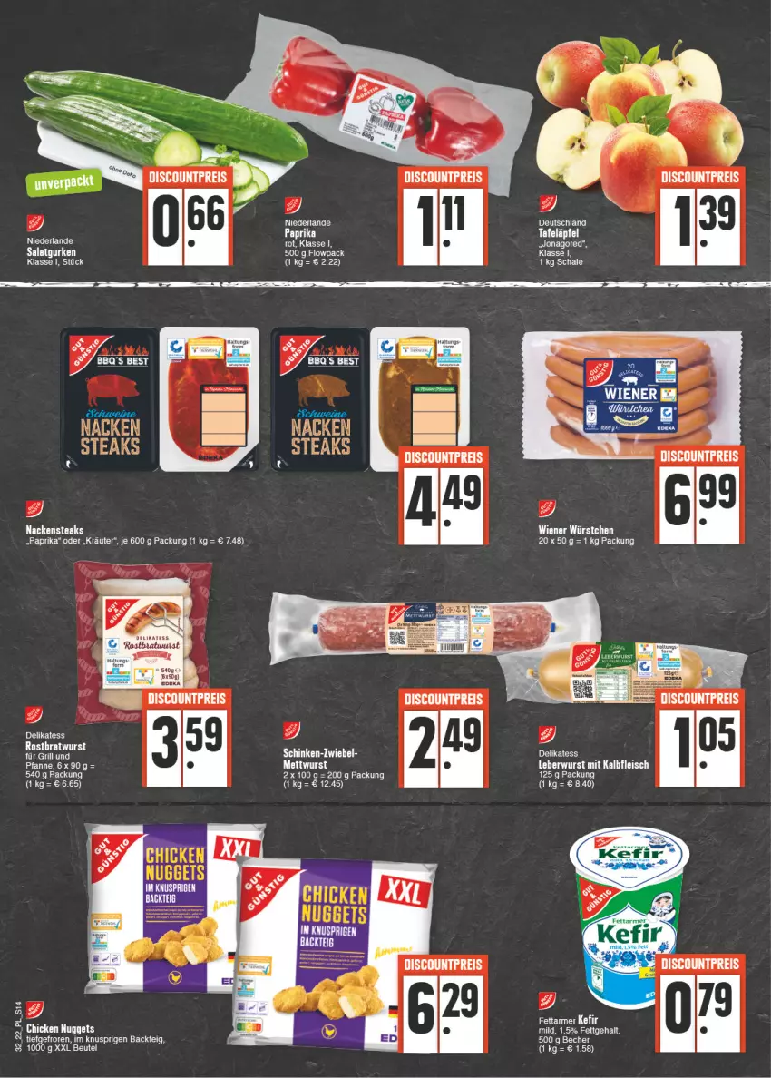 Aktueller Prospekt E Center - Angebote der Woche - von 08.08 bis 13.08.2022 - strona 14 - produkty: Becher, chicken nuggets, discount, eis, für grill und pfanne, grill, grill und pfanne, jonagored, kräuter, Nackensteak, nackensteaks, nuggets, paprika, paprika rot, pfanne, reis, Schal, Schale, schinken, steak, steaks, tafeläpfel, Ti, und pfanne, wiener, wiener würstchen, wurst, würstchen, zwiebel