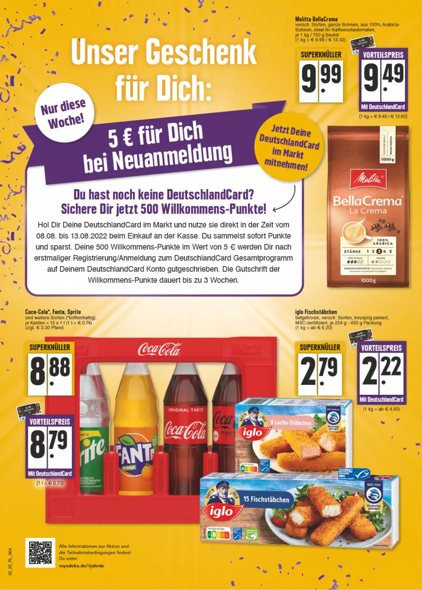 Aktueller Prospekt E Center - Angebote der Woche - von 08.08 bis 13.08.2022 - strona 4 - produkty: auer, auto, bellacrema, beutel, bohne, bohnen, coca-cola, cola, deka, deutschlandcard, eis, erde, fanta, fisch, fischstäbchen, iglo, kaffee, kaffeevollautomat, kaffeevollautomaten, melitta, reis, sprite, Ti, tomate, tomaten, vollautomaten, vorteilspreis