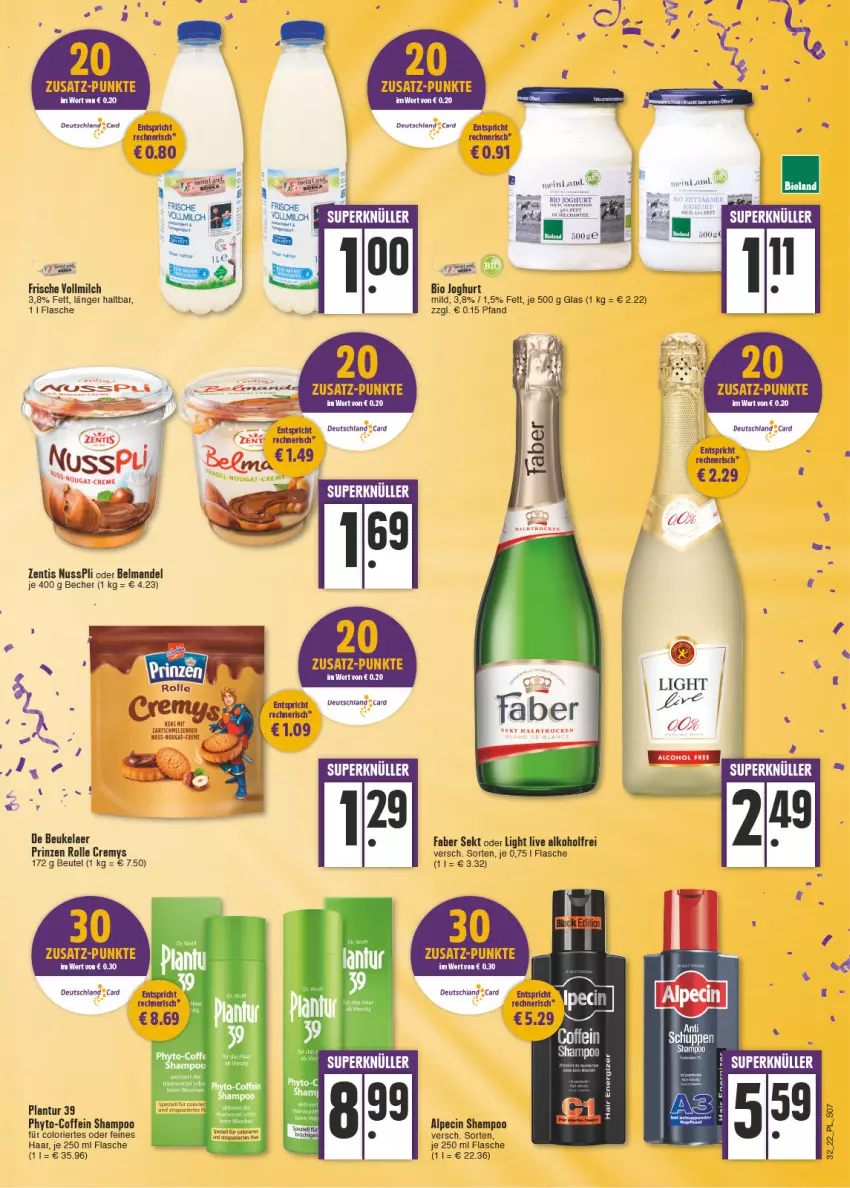 Aktueller Prospekt E Center - Angebote der Woche - von 08.08 bis 13.08.2022 - strona 7 - produkty: alkohol, alpecin, Becher, Belmandel, beutel, bio, cin, coffein, cremys, de beukelaer, deutschland card, flasche, joghur, joghurt, mandel, milch, ndk, nuss, nusspli, prinzen rolle, sekt, shampoo, Ti, vollmilch, zentis