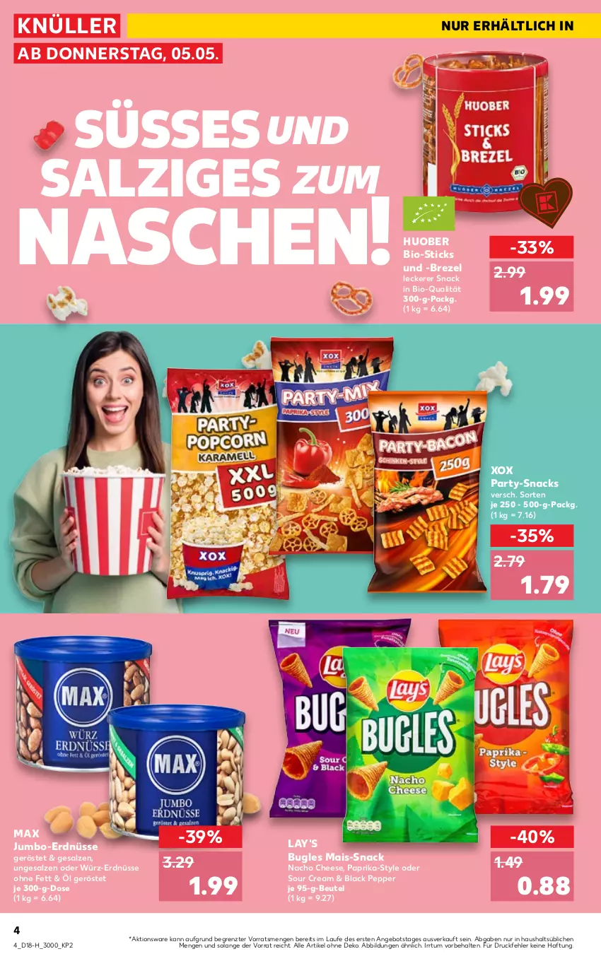 Aktueller Prospekt Kaufland - Spezielle Angebote - von 05.05 bis 11.05.2022 - strona 4 - produkty: angebot, beutel, bio, brezel, bugles, erdnüsse, huober, jumbo, lack, lay's, mais, nacho, nacho cheese, paprika, salz, snack, snacks, sour cream, Ti, ZTE