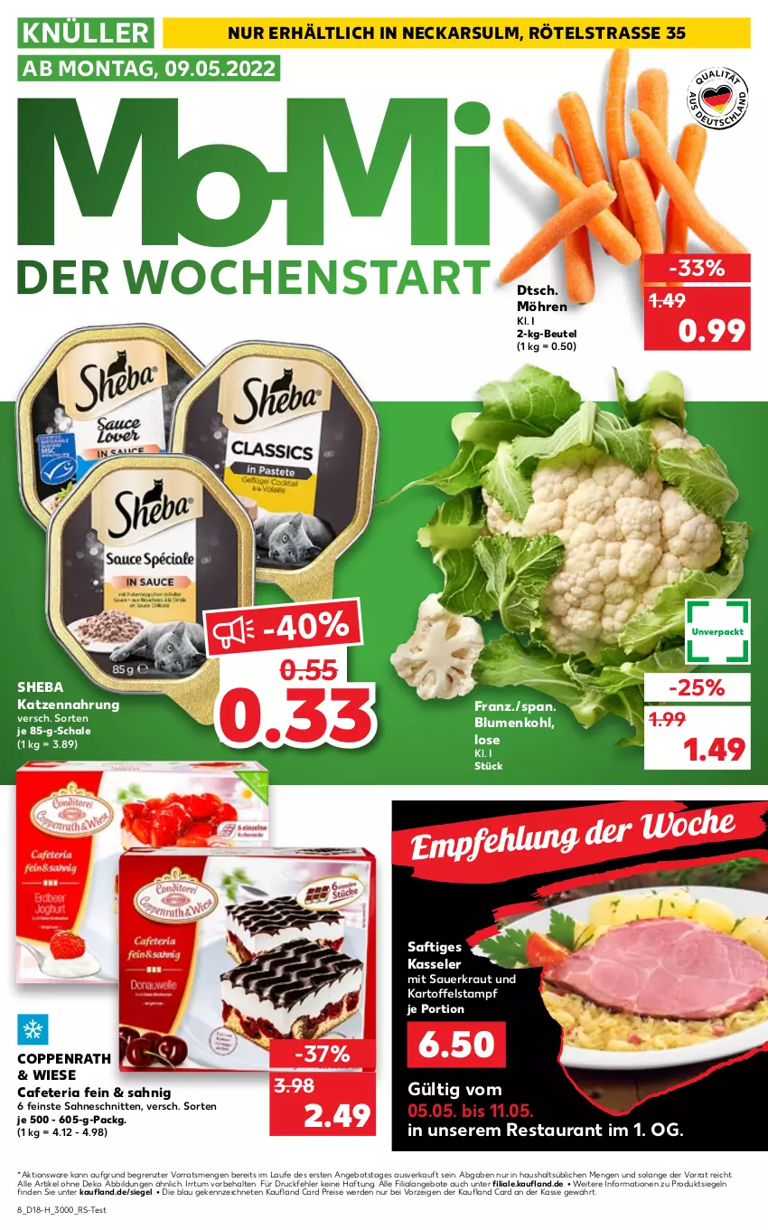 Aktueller Prospekt Kaufland - Spezielle Angebote - von 05.05 bis 11.05.2022 - strona 8 - produkty: angebot, angebote, auer, beutel, blume, blumen, blumenkohl, coppenrath, eis, erde, kartoffel, kasseler, katzennahrung, Kraut, möhren, reis, Ria, saft, sahne, Sauerkraut, Schal, Schale, schnitten, sheba, Ti, ZTE