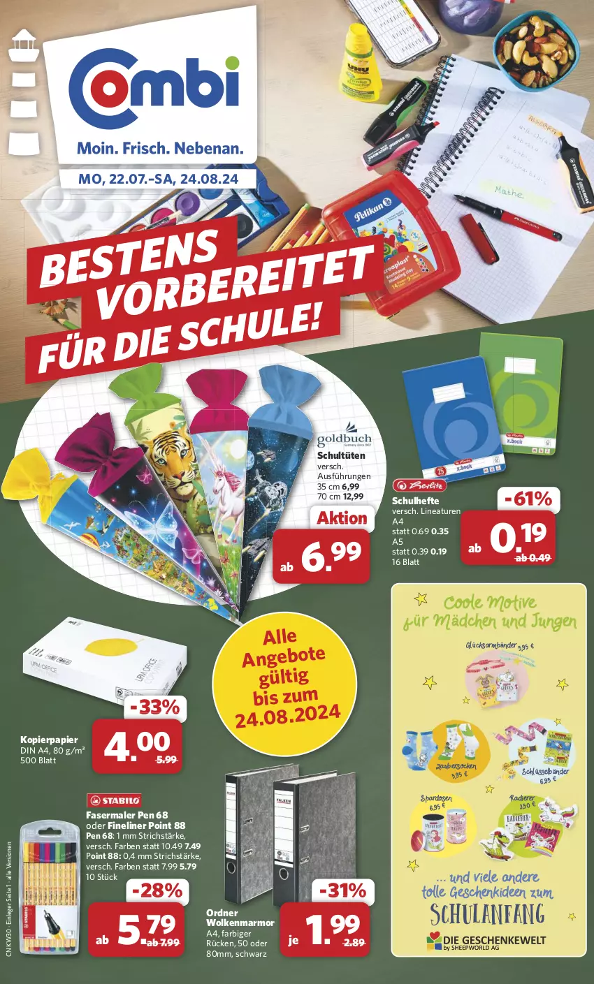 Aktueller Prospekt Combi - Prospekte - von 22.07 bis 24.08.2024 - strona 1 - produkty: angebot, angebote, din a4, fasermaler, Fineliner, Hefte, kopierpapier, ordner, papier, reifen, Schultüten, socken, Spardose, Ti, Tüte