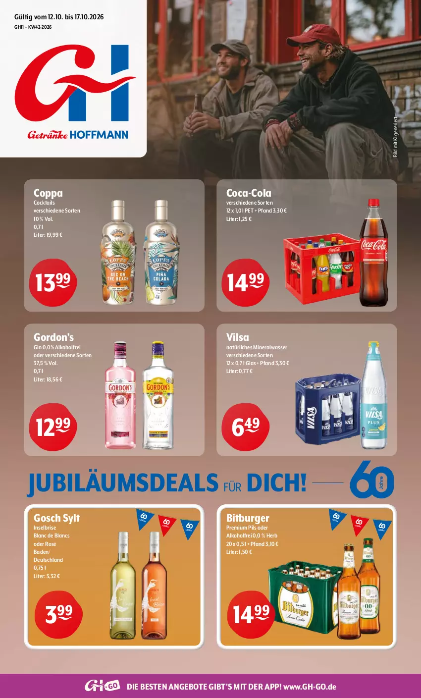 Aktueller Prospekt Getraenke Hoffmann - Prospekte - von 12.10 bis 17.10.2026 - strona 1 - produkty: alkohol, Alwa, angebot, angebote, Bad, bitburger, burger, coca-cola, cocktail, cocktails, cola, de blancs, gin, gordon, Gordon’s, Jubiläums, mineralwasser, natürliches mineralwasser, pils, premium pils, Ti, vilsa, wasser