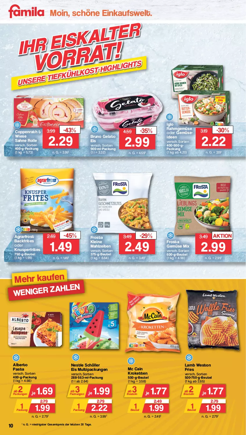 Aktueller Prospekt Famila - Prospekte - von 04.03 bis 09.03.2024 - strona 10 - produkty: agrarfrost, beutel, bruno gelato, coppenrath, eis, frosta, Gemüse Mix, iglo, Kette, Kroketten, leine, mc cain, pasta, Rahmgemüse, reis, sahne, Schöller, Ti, ZTE