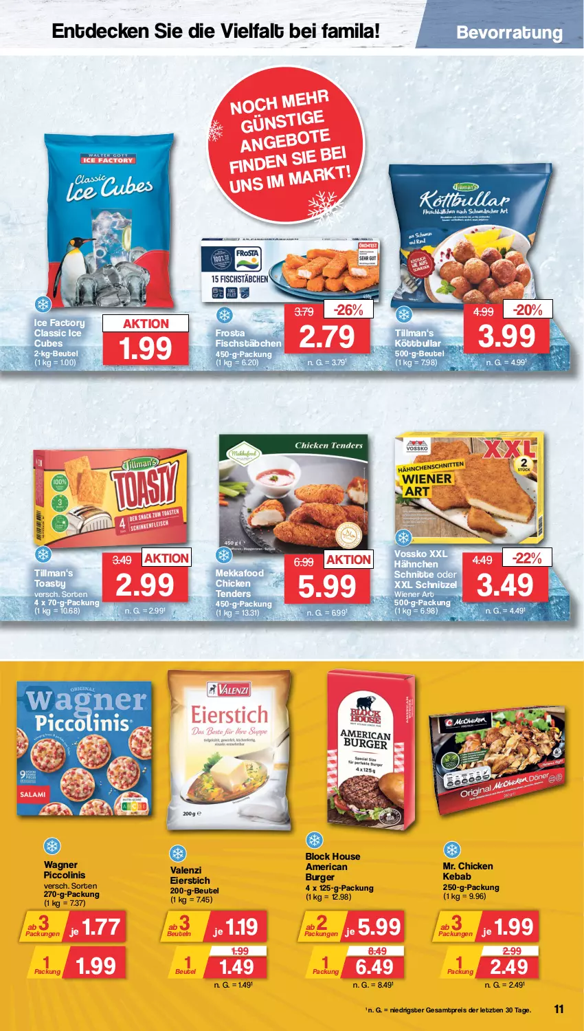 Aktueller Prospekt Famila - Prospekte - von 04.03 bis 09.03.2024 - strona 11 - produkty: beutel, burger, decke, eier, eis, enders, fisch, fischstäbchen, frosta, Köttbullar, piccolinis, reis, schnitzel, tender, Ti, toast, toasty, vossko, wagner, wiener, ZTE