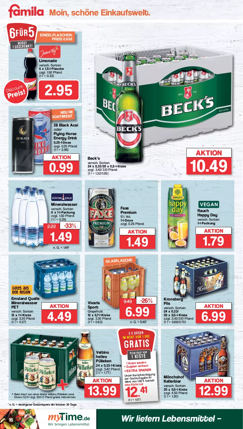 Aktueller Prospekt Famila - Prospekte - von 04.03 bis 09.03.2024 - strona 16 - produkty: Alwa, axe, bier, drink, eis, elle, energy drink, flasche, glasflasche, grapefruit, Happy Day, kellerbier, lack, lebensmittel, limo, limonade, mineralwasser, mönchshof, pils, Rauch, reis, Sport, Ti, veltins, Vivaris, wasser, ZTE