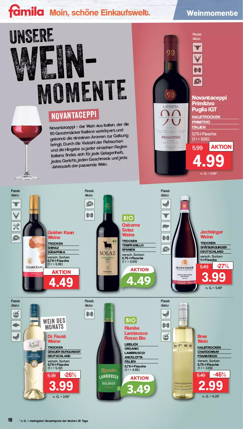 Aktueller Prospekt Famila - Prospekte - von 04.03 bis 09.03.2024 - strona 18 - produkty: auer, aust, bio, bree, burgunder, chardonnay, eis, ente, flasche, grauer burgunder, Lambrusco, mac, olaz, osborne, primitivo, reis, ring, spätburgunder, tempranillo, Ti, wein, weine, ZTE