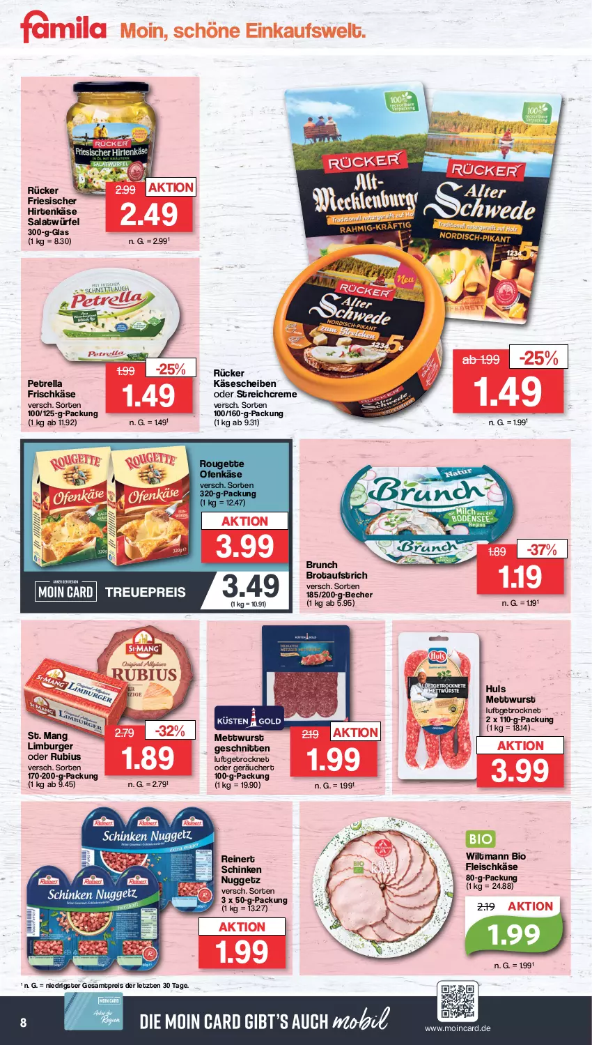 Aktueller Prospekt Famila - Prospekte - von 04.03 bis 09.03.2024 - strona 8 - produkty: aufstrich, Becher, bio, brot, brotaufstrich, burger, creme, eis, fleisch, fleischkäse, friesischer hirtenkäse, frischkäse, hirtenkäse, Käse, käsescheiben, Limburger, Mett, mettwurst, Ofen, Ofenkäse, petrella, reinert, reis, rel, rouge, rougette, Rubius, salat, Salatwürfel, schinken, schnitten, St. Mang, Ti, wiltmann, würfel, wurst, ZTE