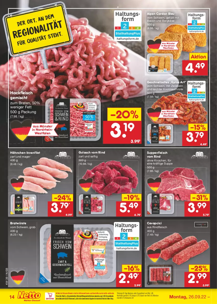 Aktueller Prospekt Netto Marken-Discount - Filial-Angebote - von 26.09 bis 01.10.2022 - strona 14 - produkty: bacon, Bergkäse, bestpreis, braten, cevapcici, cordon bleu, eis, filet, fleisch, geschnetzeltes, gulasch, gyros, hackfleisch, hackfleisch gemischt, Käse, knoblauch, mit zwiebeln, ndk, reis, rind, rindfleisch, saft, schwein, suppe, suppen, suppenfleisch, Ti, versandkostenfrei, wein, Zelt, zwiebel, zwiebeln