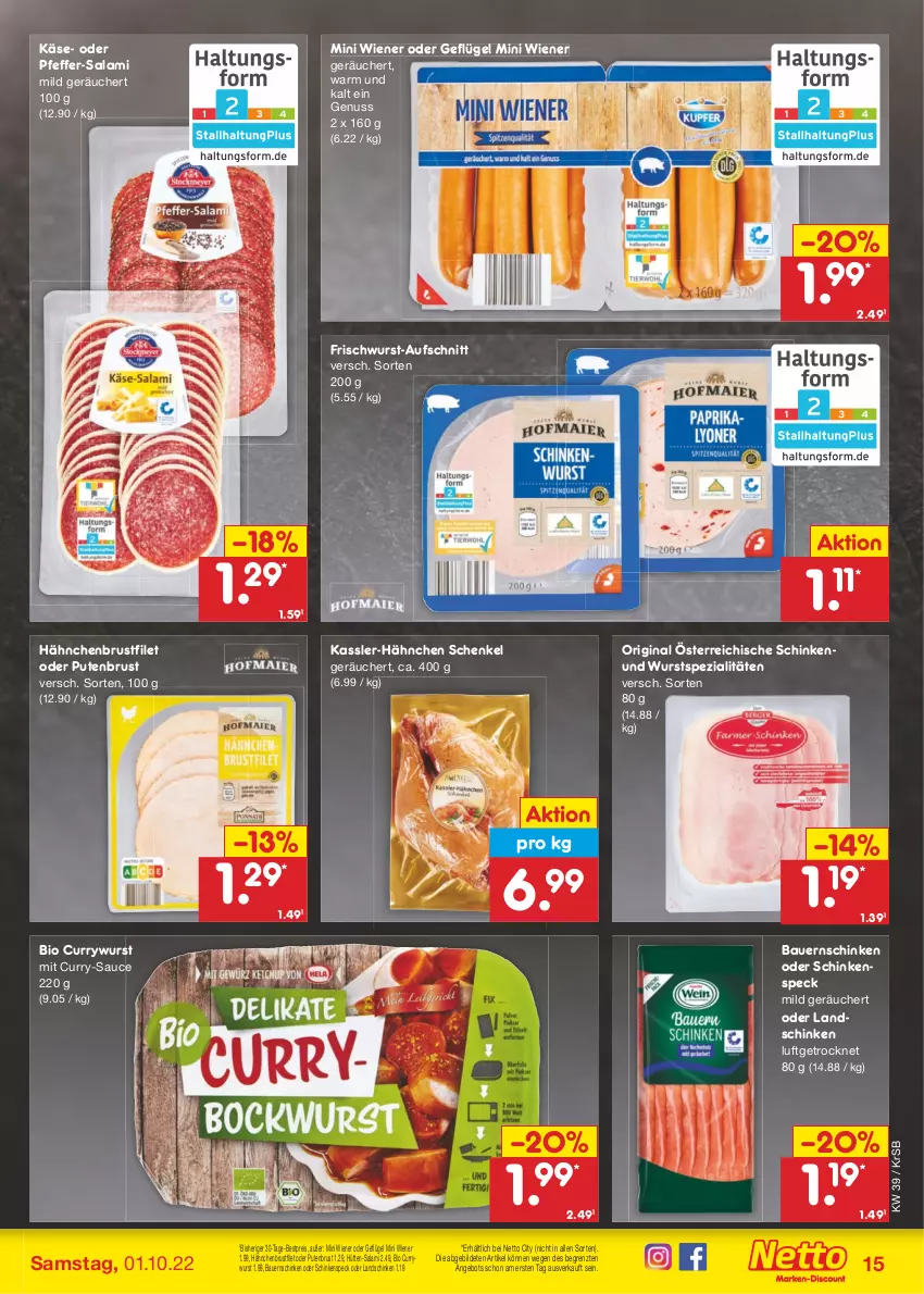 Aktueller Prospekt Netto Marken-Discount - Filial-Angebote - von 26.09 bis 01.10.2022 - strona 15 - produkty: angebot, auer, aufschnitt, Bau, Bauer, Bauernschinken, bestpreis, bio, brustfilet, curry, currywurst, eis, filet, frischwurst-aufschnitt, Geflügel, gin, hähnchenbrust, hähnchenbrustfilet, henkel, Käse, landschinken, nuss, pfeffer, pute, putenbrust, reis, salami, sauce, schenkel, schinken, schinkenspeck, Speck, Spezi, Ti, wiener, wurst, ZTE