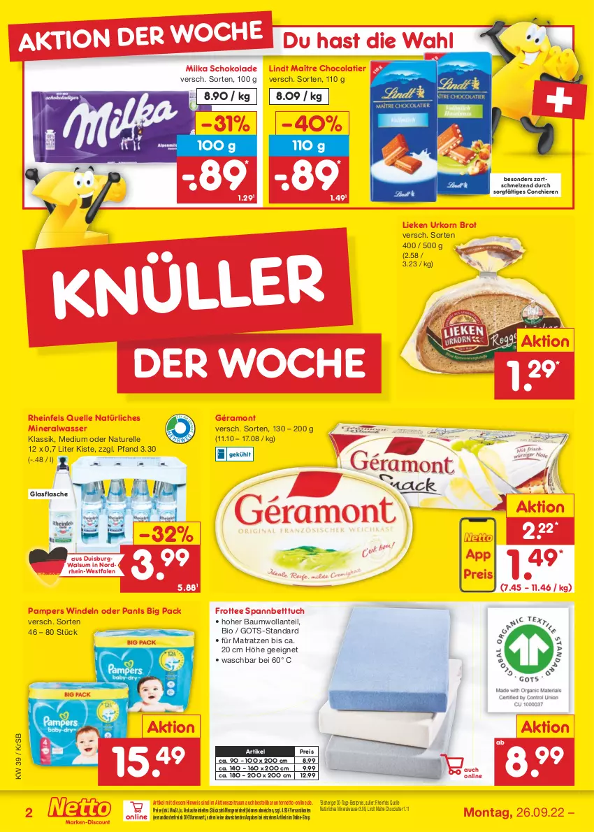 Aktueller Prospekt Netto Marken-Discount - Filial-Angebote - von 26.09 bis 01.10.2022 - strona 2 - produkty: Alwa, Bau, bestpreis, bett, Betttuch, bio, brot, cola, eis, elle, flasche, géramont, glasflasche, korn, lieken, lindt, matratze, matratzen, milka, milka schokolade, mineralwasser, natur, natürliches mineralwasser, ndk, pampers, Pants, reis, rel, rheinfels quelle, schoko, schokolade, spannbetttuch, tee, Ti, tuc, urkorn, versandkostenfrei, wasser, windeln, windeln oder pants