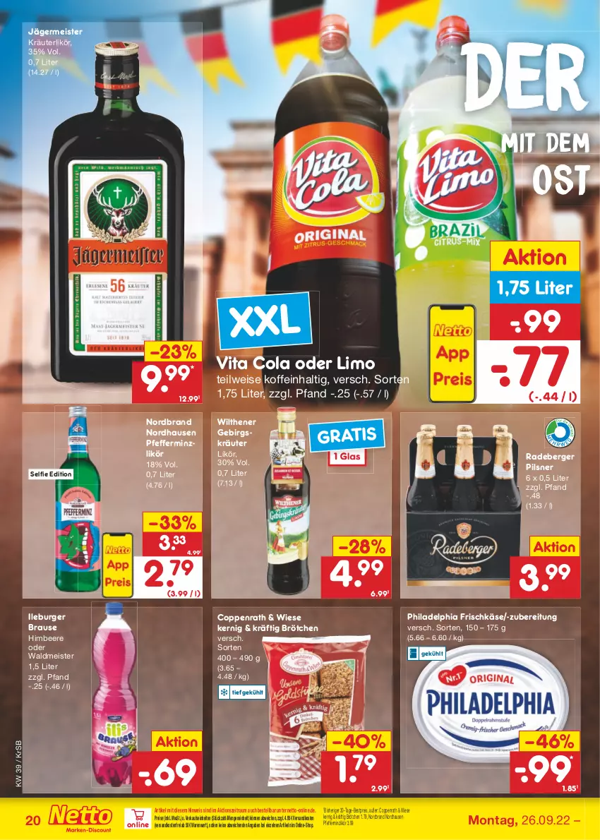 Aktueller Prospekt Netto Marken-Discount - Filial-Angebote - von 26.09 bis 01.10.2022 - strona 20 - produkty: beere, Berger, bestpreis, brause, brötchen, burger, cola, coppenrath, eis, frischkäse, Germ, himbeer, himbeere, jägermeister, Käse, kräuter, kräuterlikör, likör, limo, Meister, ndk, nordbrand, pfeffer, pfefferminzlikör, philadelphia, pils, pilsner, radeberger, radeberger pilsner, reis, Ti, versandkostenfrei, vita, waldmeister, wilthener