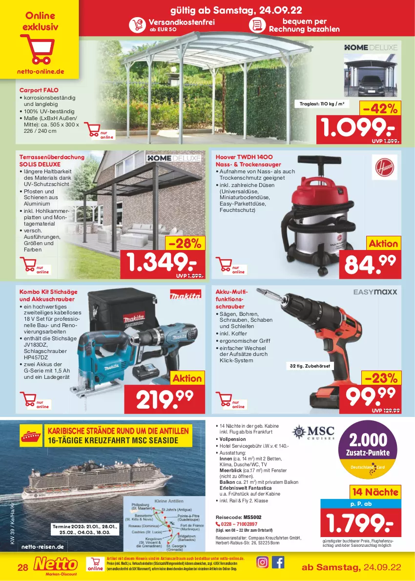 Aktueller Prospekt Netto Marken-Discount - Filial-Angebote - von 26.09 bis 01.10.2022 - strona 28 - produkty: akku, akkuschrauber, asti, Bau, bett, Betten, buch, Carport, dusche, eis, elle, fanta, fenster, Hohlkammerplatte, hoover, HP, koffer, kreuzfahrten, ladegerät, latte, LG, ndk, reis, reiseveranstalter, Ria, säge, schrauben, stichsäge, Terrassenüberdachung, Ti, Trockensauger, uhr, uv-schutz, versandkostenfrei