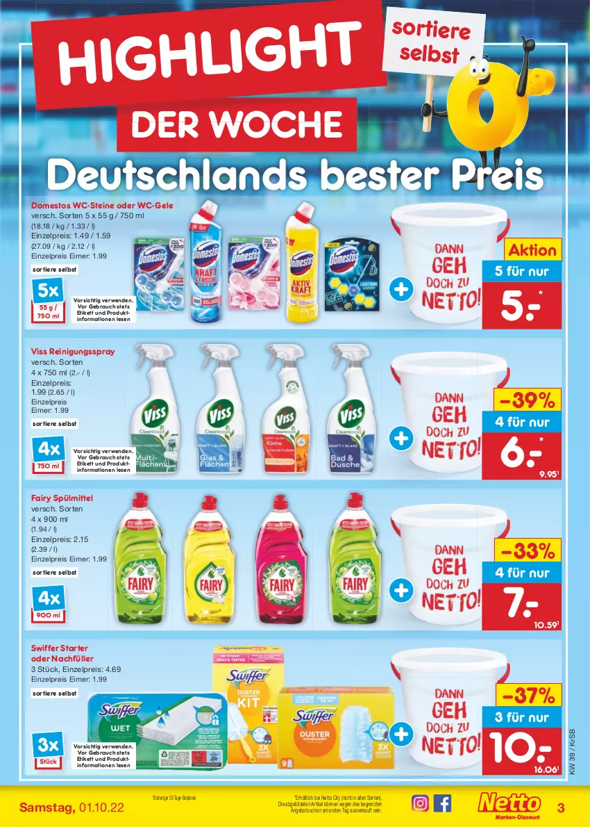 Aktueller Prospekt Netto Marken-Discount - Filial-Angebote - von 26.09 bis 01.10.2022 - strona 3 - produkty: angebot, bestpreis, domestos, eimer, eis, fairy, Rauch, Reinigung, reis, rwe, spülmittel, swiffer, Ti, Tiere, wc-gel, WC-Steine, ZTE