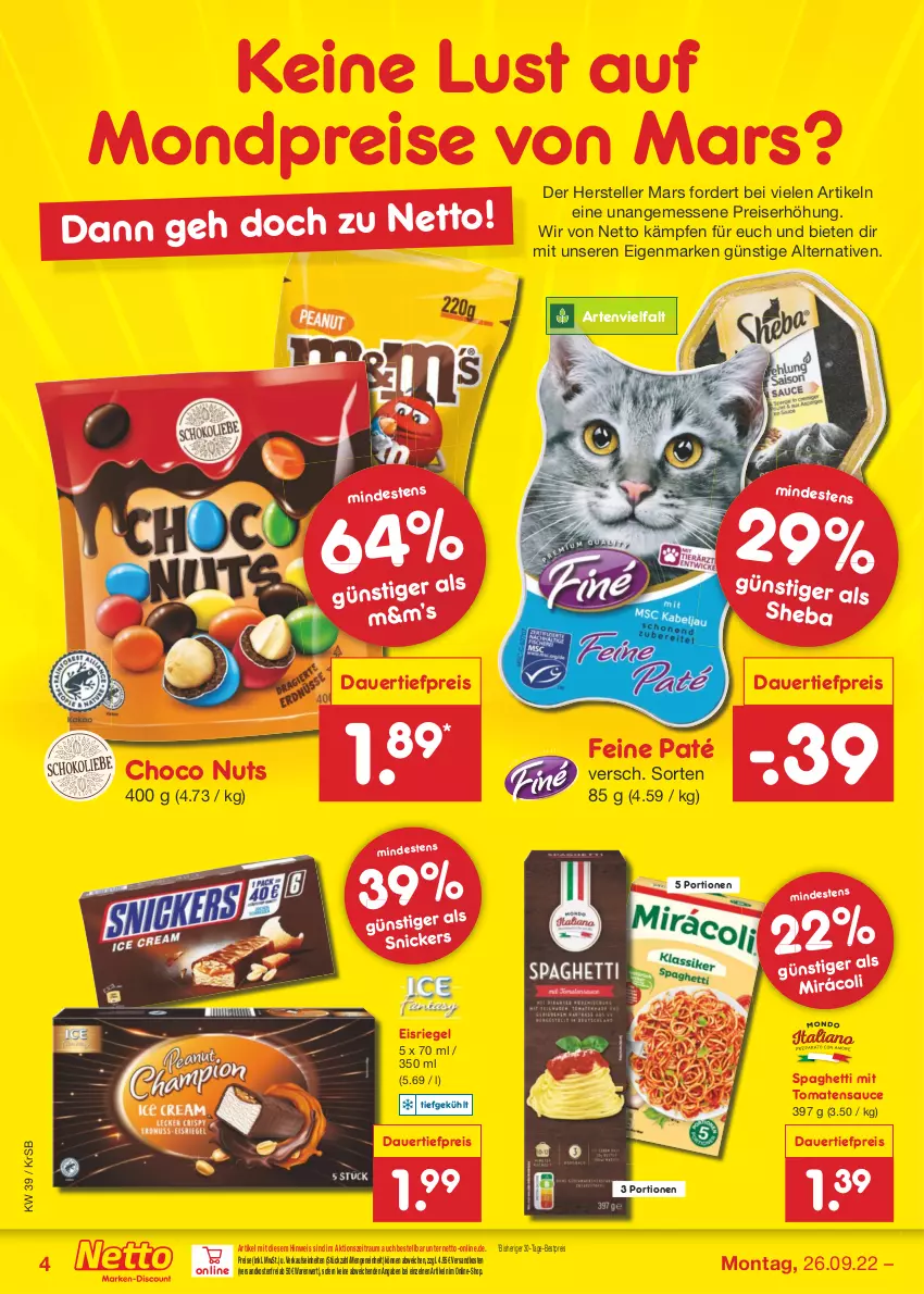 Aktueller Prospekt Netto Marken-Discount - Filial-Angebote - von 26.09 bis 01.10.2022 - strona 4 - produkty: auer, bestpreis, dauertiefpreis, eis, Eisriegel, elle, mars, ndk, reis, riegel, sauce, spaghetti, teller, Ti, tiefpreis, tomate, tomaten, tomatensauce, versandkostenfrei