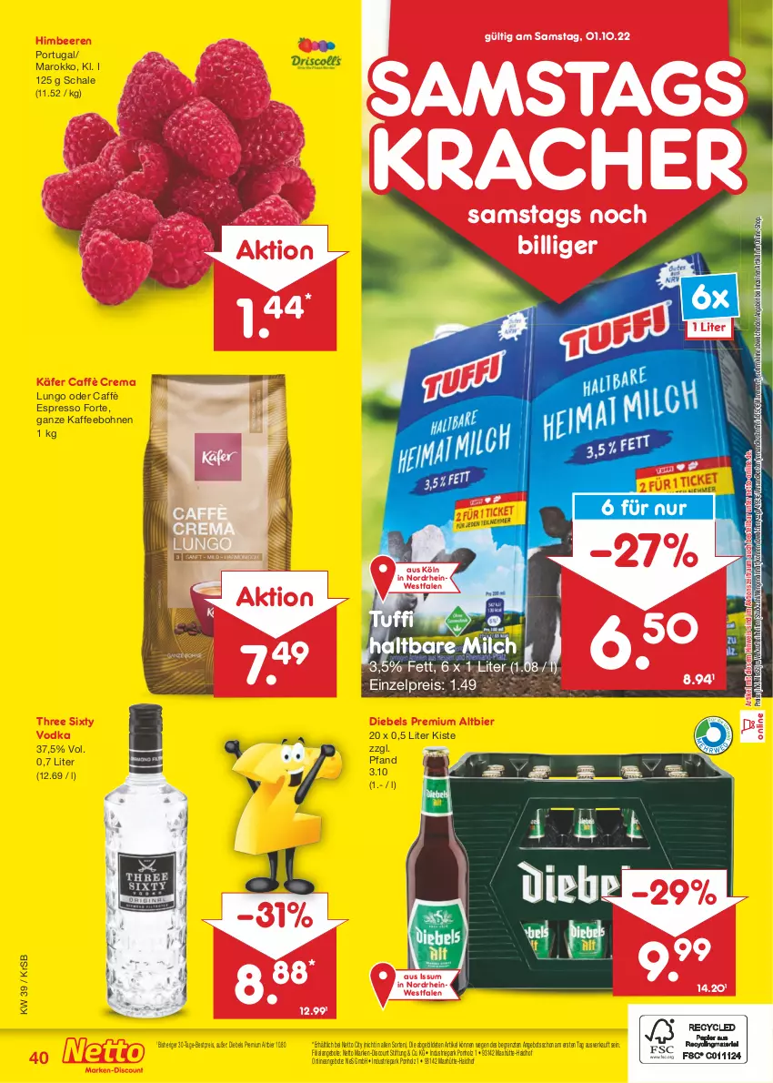 Aktueller Prospekt Netto Marken-Discount - Filial-Angebote - von 26.09 bis 01.10.2022 - strona 40 - produkty: angebot, angebote, beere, beeren, bestpreis, bier, bohne, bohnen, caffè crema, diebels, discount, eis, espresso, haltbare milch, himbeer, himbeere, himbeeren, Holz, käfer, kaffee, kaffeebohnen, kracher, lungo, marken-discount, milch, ndk, reis, Schal, Schale, Three Sixty, Ti, versandkostenfrei, vodka, ZTE