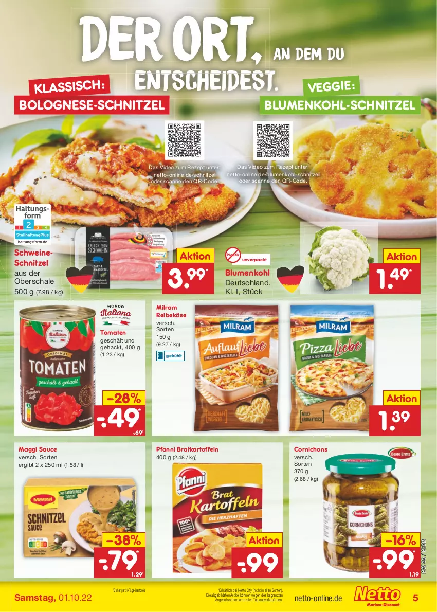 Aktueller Prospekt Netto Marken-Discount - Filial-Angebote - von 26.09 bis 01.10.2022 - strona 5 - produkty: angebot, asti, bestpreis, blume, blumen, blumenkohl, bolognese, deo, eis, kartoffel, kartoffeln, Käse, maggi, milram, pfanni, Reibekäse, reis, rezept, sauce, Schal, Schale, schnitzel, schwein, schweine, schweineschnitzel, Ti, tomate, tomaten, veggie, wein, weine, ZTE