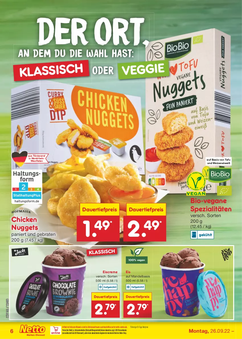 Aktueller Prospekt Netto Marken-Discount - Filial-Angebote - von 26.09 bis 01.10.2022 - strona 6 - produkty: auer, bestpreis, bio, braten, chicken nuggets, creme, dauertiefpreis, eis, eiscreme, mandel, ndk, nuggets, reis, Spezi, Ti, tiefpreis, Tofu, veggie, versandkostenfrei