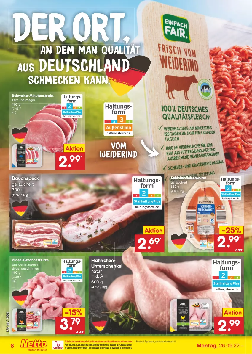 Aktueller Prospekt Netto Marken-Discount - Filial-Angebote - von 26.09 bis 01.10.2022 - strona 8 - produkty: Bau, bestpreis, eis, fleisch, fleischwurst, geschnetzeltes, henkel, minutensteaks, natur, ndk, pute, reis, rind, schenkel, schinken, schinkenfleischwurst, schnitten, schwein, schweine, Speck, steak, steaks, Ti, versandkostenfrei, wein, weine, wurst, Zelt