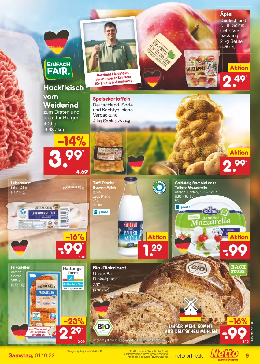 Aktueller Prospekt Netto Marken-Discount - Filial-Angebote - von 26.09 bis 01.10.2022 - strona 9 - produkty: angebot, auer, backofen, Bau, Bauer, bestpreis, beutel, bio, braten, brot, burger, dell, Dinkelbrot, eis, elle, fleisch, frikadellen, goldsteig, hackfleisch, kartoffel, kartoffeln, leberwurst, LG, mehl, milch, mozzarella, Ofen, reis, rel, rind, sac, speisekartoffeln, stube, Ti, wurst, ZTE