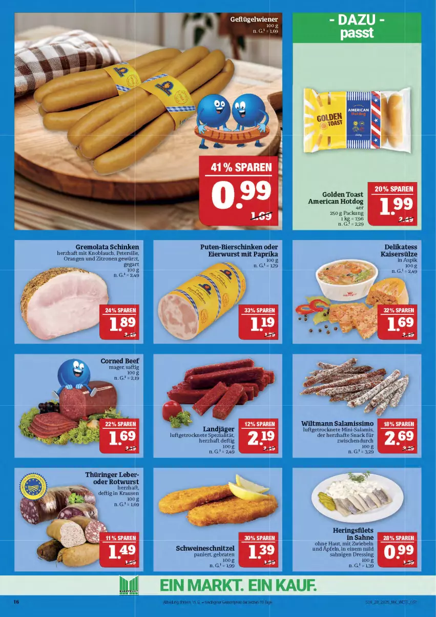 Aktueller Prospekt Marktkauf - Prospekt - von 11.05 bis 17.05.2025 - strona 16 - produkty: beef, bier, bierschinken, braten, corned beef, dressing, eier, filet, filets, gewürz, gin, golden toast, hering, Herings, heringsfilets, Kaiser, Kaisersülze, knoblauch, landjäger, Mini-Salami, mit knoblauch, mit paprika, mit zwiebeln, orange, orangen, paprika, petersilie, pute, ring, Rotwurst, saft, sahne, salami, schinken, schnitzel, schwein, schweine, schweineschnitzel, sim, snack, Spezi, Ti, toast, wein, weine, wiltmann, wurst, zitrone, zitronen, zwiebel, zwiebeln