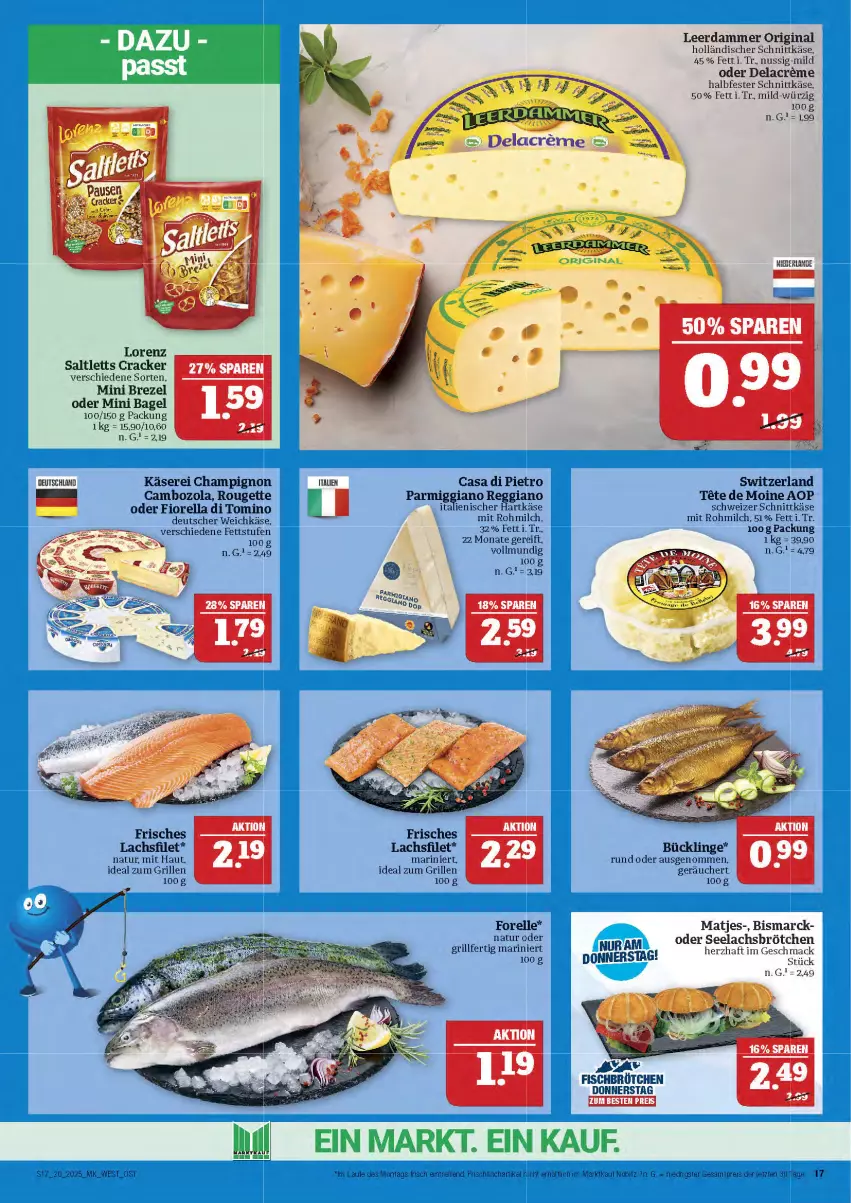 Aktueller Prospekt Marktkauf - Prospekt - von 11.05 bis 17.05.2025 - strona 17 - produkty: Bagel, bismarck, brezel, brötchen, cambozola, champignon, cracker, deutscher weichkäse, eis, elle, filet, fisch, forelle, frischfisch, gin, grill, halbfester schnittkäse, hartkäse, holländischer schnittkäse, ideal zum grillen, italienischer hartkäse, Käse, lachs, lachsfilet, leerdammer, lorenz, mac, milch, natur, nuss, reggiano, reis, rel, rouge, rougette, saltletts, schnittkäse, schweizer schnittkäse, Ti, weichkäse, ZTE