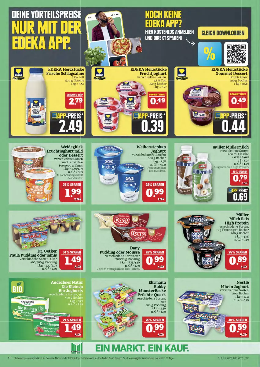 Aktueller Prospekt Marktkauf - Prospekt - von 11.05 bis 17.05.2025 - strona 18 - produkty: aktionspreis, Becher, Dany, deka, dessert, Dr. Oetker, ehrmann, eimer, eis, flasche, frucht, früchte, fruchtjoghurt, joghur, joghurt, joghurt mild, milch, monster, mousse, Müller, müllermilch, nuss, Paula, paula pudding, pudding, quark, reis, robby, sahne, schlagsahne, Ti, vorteilspreis, weihenstephan, ZTE