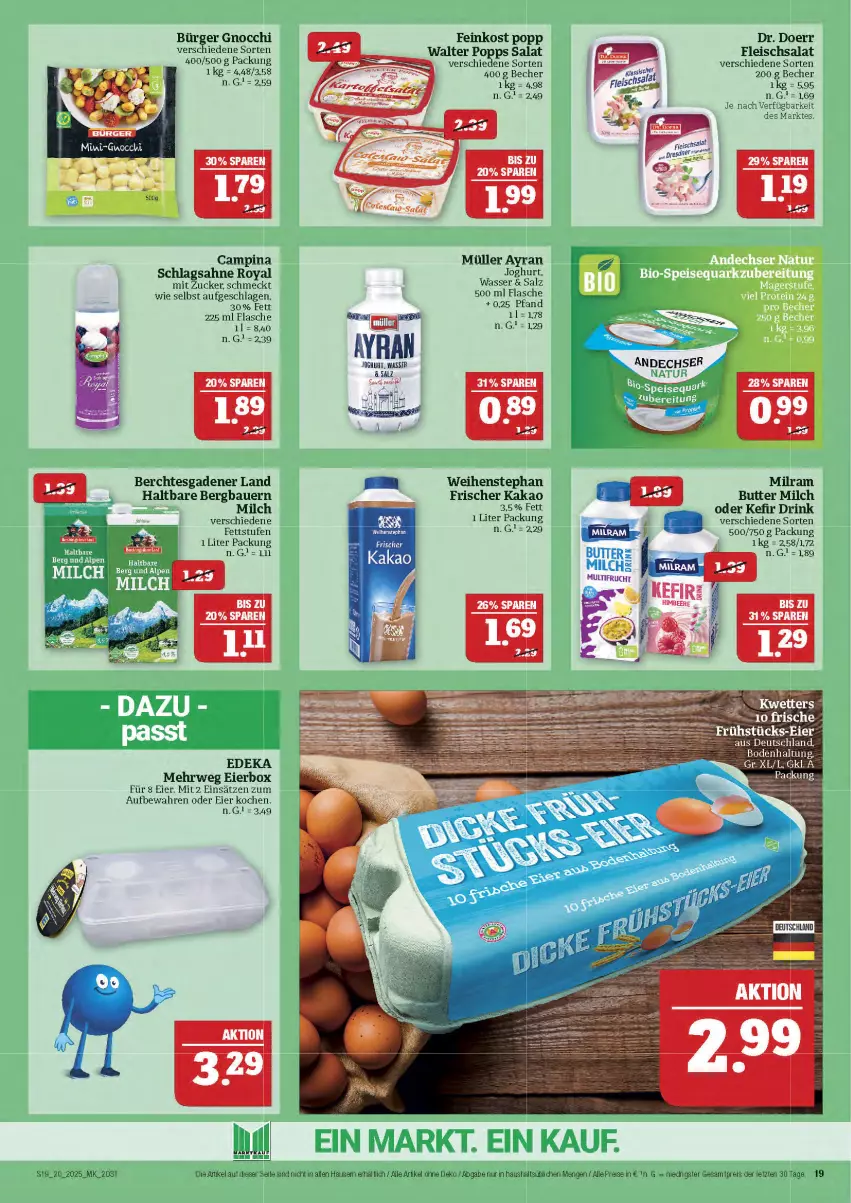 Aktueller Prospekt Marktkauf - Prospekt - von 11.05 bis 17.05.2025 - strona 19 - produkty: auer, Ayran, Bau, Bauer, Becher, beere, burger, butter, deka, drink, eier, eis, feinkost, flasche, fleisch, fleischsalat, frucht, gnocchi, himbeer, himbeere, joghur, joghurt, kakao, Kefir, milch, milram, Müller, Popp, reis, rwe, sahne, salat, salz, schlagsahne, Ti, wasser, weihenstephan, ZTE, zucker
