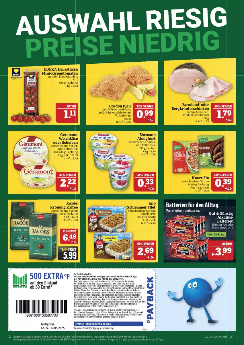 Aktueller Prospekt Marktkauf - Prospekt - von 11.05 bis 17.05.2025 - strona 2 - produkty: aktionspreis, auto, batterie, batterien, bolognese, buch, coupon, coupons, deka, eier, eis, elle, erde, guthabenkarte, gutschein, gutscheine, korn, LG, milch, nuss, payback, Rauch, reis, rwe, spaghetti, spaghetti bolognese, telefon, Ti, tisch, ZTE