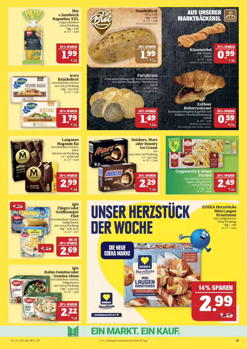 Aktueller Prospekt Marktkauf - Prospekt - von 11.05 bis 17.05.2025 - strona 21 - produkty: baguette, baguettes, bounty, brot, brötchen, butter, coppenrath, Croissant, deka, eis, filegro, filet, frucht, iglo, Käse, Käsezwirbel, knäckebrot, langnese, magnum, mars, Plunder, rahm-gemüse, reis, sandwich, schnitten, snickers, Ti, wasa, weizenbrötchen, ZTE, zwiebel