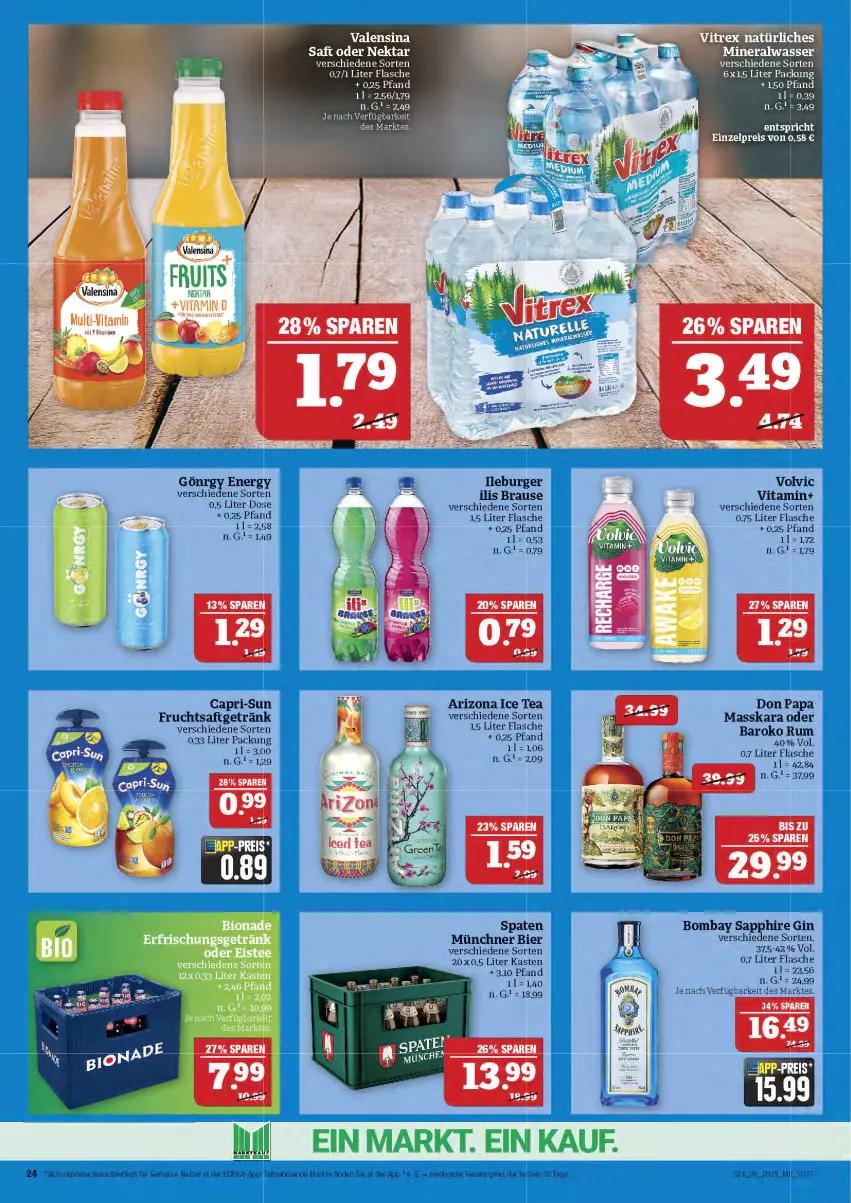 Aktueller Prospekt Marktkauf - Prospekt - von 11.05 bis 17.05.2025 - strona 24 - produkty: bier, bombay sapphire, brause, burger, Cap, capri-sun, flasche, frucht, fruchtsaft, getränk, gin, ice tea, Nektar, rum, saft, sapphire, Spaten, Ti, valensina, vita, volvic