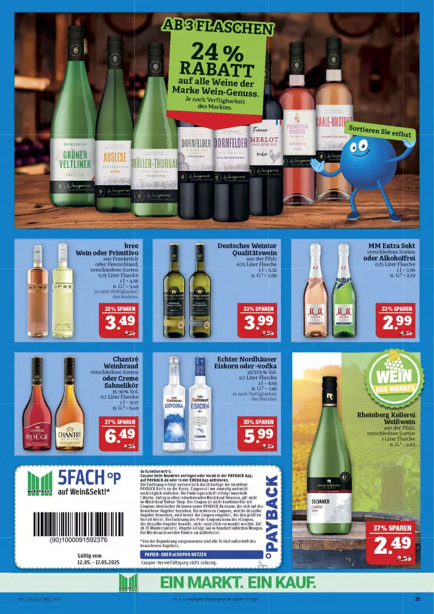 Aktueller Prospekt Marktkauf - Prospekt - von 11.05 bis 17.05.2025 - strona 25 - produkty: alkohol, angebot, auto, bree, coupon, coupons, creme, deka, dornfelder, eis, erde, flasche, grüner veltliner, korn, LG, likör, merl, merlot, mm extra, payback, primitivo, qualitätswein, Rauch, reis, rwe, sahne, sekt, silvaner, Ti, tisch, vodka, wein, weinbrand, Yo, ZTE