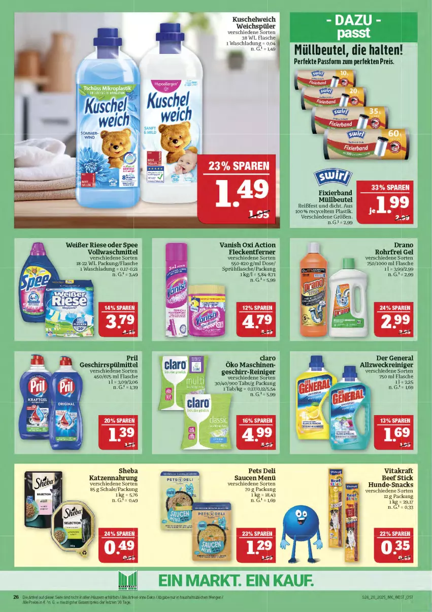 Aktueller Prospekt Marktkauf - Prospekt - von 11.05 bis 17.05.2025 - strona 26 - produkty: allzweckreiniger, asti, beef, beutel, eis, flasche, geschirr, geschirrspülmittel, gin, katzennahrung, kraft, Kuschelweich, müllbeutel, oxi action, pril, reiniger, reis, sauce, saucen, Schal, Schale, sheba, snack, snacks, spee, sprühflasche, spülmittel, Ti, vanish, vanish oxi action, vita, vitakraft, vollwaschmittel, waschmittel, weck, weichspüler, ZTE