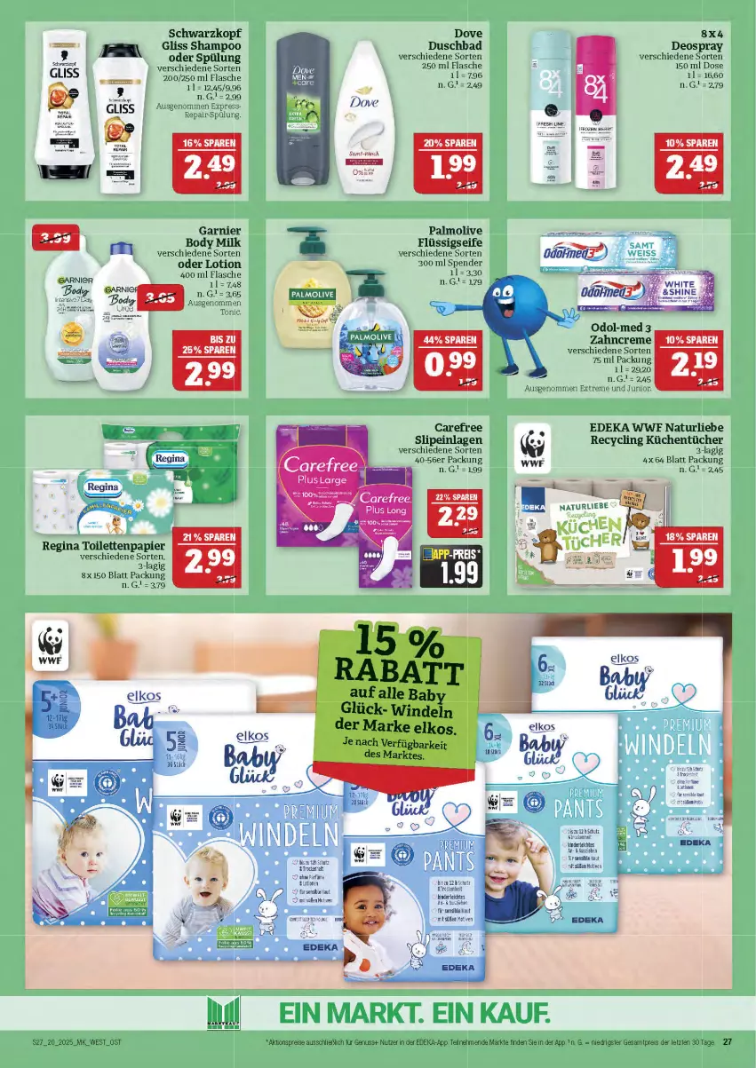 Aktueller Prospekt Marktkauf - Prospekt - von 11.05 bis 17.05.2025 - strona 27 - produkty: aktionspreis, Bad, body, body milk, Clin, creme, deka, deo, deospray, dove, duschbad, eis, elkos, flasche, flüssigseife, garnier, gin, gliss, Kinder, küche, Küchen, küchentücher, Lotion, natur, nuss, Odol, Odol-med 3, olive, oliven, palmolive, papier, reis, schwarzkop, schwarzkopf, Seife, shampoo, slip, slipeinlagen, spülung, Ti, toilettenpapier, tonic, tücher, windeln, zahncreme, ZTE