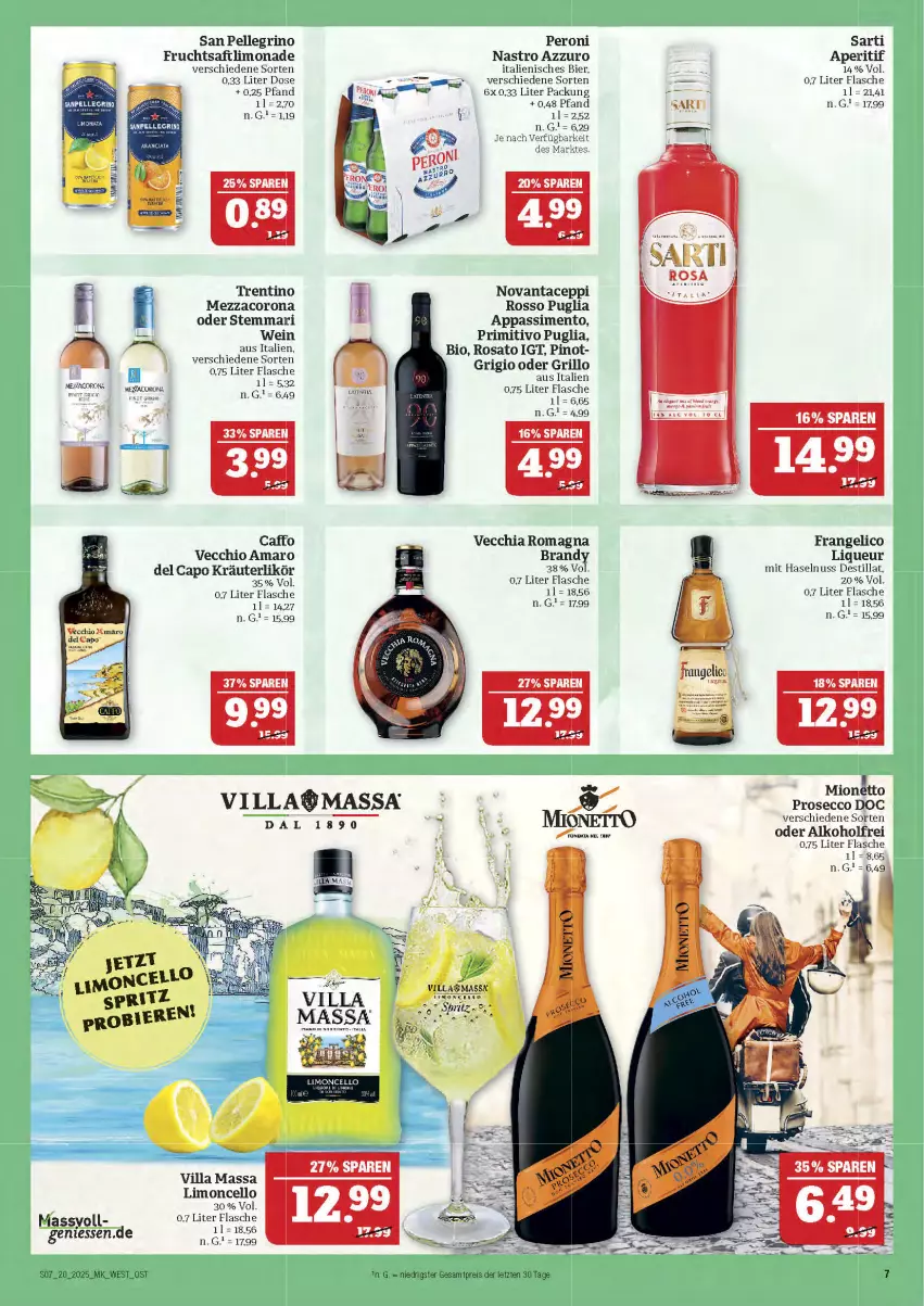 Aktueller Prospekt Marktkauf - Prospekt - von 11.05 bis 17.05.2025 - strona 7 - produkty: alkohol, amaro, aperitif, bier, bio, Cap, chia, corona, ecco, eis, elle, ente, flasche, frangelico, frucht, fruchtsaft, grill, grillo, haselnuss, kräuter, kräuterlikör, likör, limo, limonade, liqueur, mezzacorona, mionetto, nuss, Peroni, Pinot, primitivo, prosecco, reis, rosato, saft, san pellegrino, sim, Ti, Vecchia Romagna, wein, ZTE