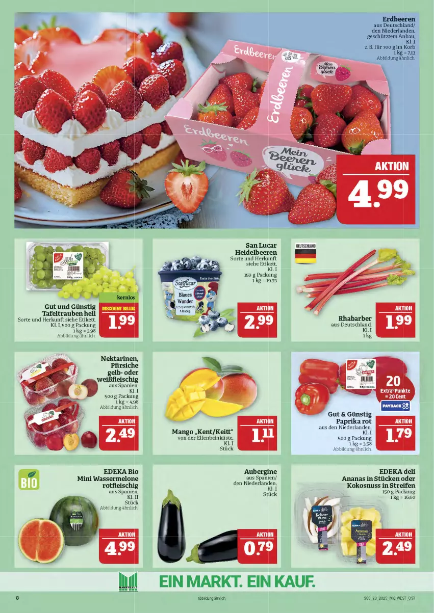 Aktueller Prospekt Marktkauf - Prospekt - von 11.05 bis 17.05.2025 - strona 8 - produkty: ananas, aubergine, Bau, beere, beeren, bio, deka, edeka bio, edeka deli, eis, erdbeere, erdbeeren, fleisch, gin, heidelbeere, heidelbeeren, kokos, kokosnuss, korb, mango, melone, Nektar, nektarinen, nuss, paprika, paprika rot, pfirsich, pfirsiche, reifen, rhabarber, tafeltrauben, Ti, trauben, wasser, wassermelone, ZTE