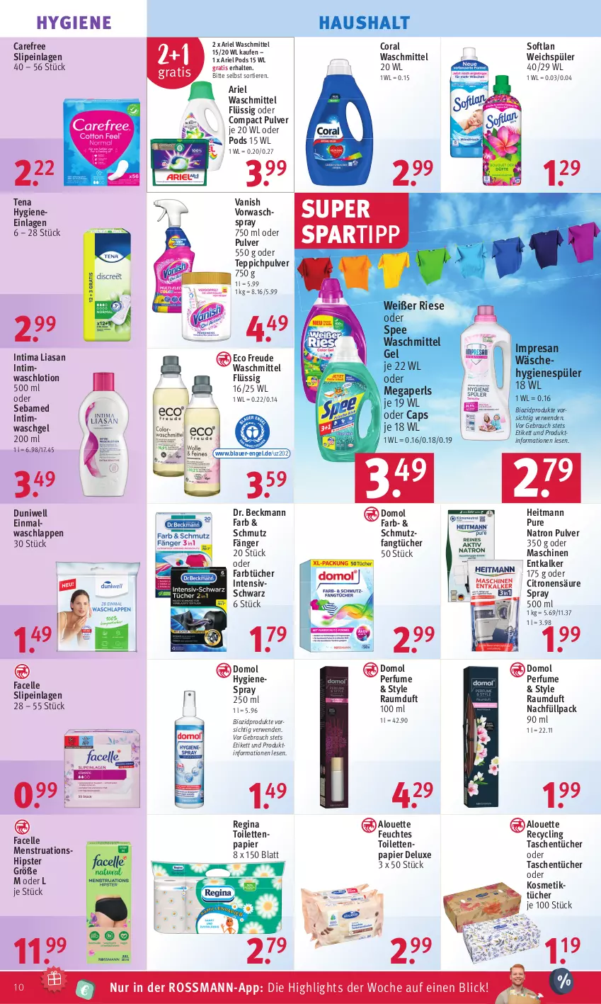 Aktueller Prospekt Rossmann - Prospekte - von 16.01 bis 20.01.2023 - strona 10 - produkty: alouette, Alwa, ariel, ariel waschmittel, auer, bio, biozidprodukte, Cap, carefree, Clin, Coral, Domol, Dr. Beckmann, duni, Duniwell, Einmalwaschlappen, elle, Engel, entkalker, Facelle, Fangtücher, feuchtes toilettenpapier, gin, heitmann, HP, hygienespüler, kosmetik, Kosmetiktücher, Lotion, megaperls, papier, Pods, Rauch, Raumduft, resa, rwe, sebamed, slip, slipeinlagen, Softlan, spartipp, spee, Tasche, taschen, taschentücher, teppich, Ti, Tiere, toilettenpapier, tücher, vanish, waschgel, waschlappen, Waschlotion, waschmittel, weichspüler