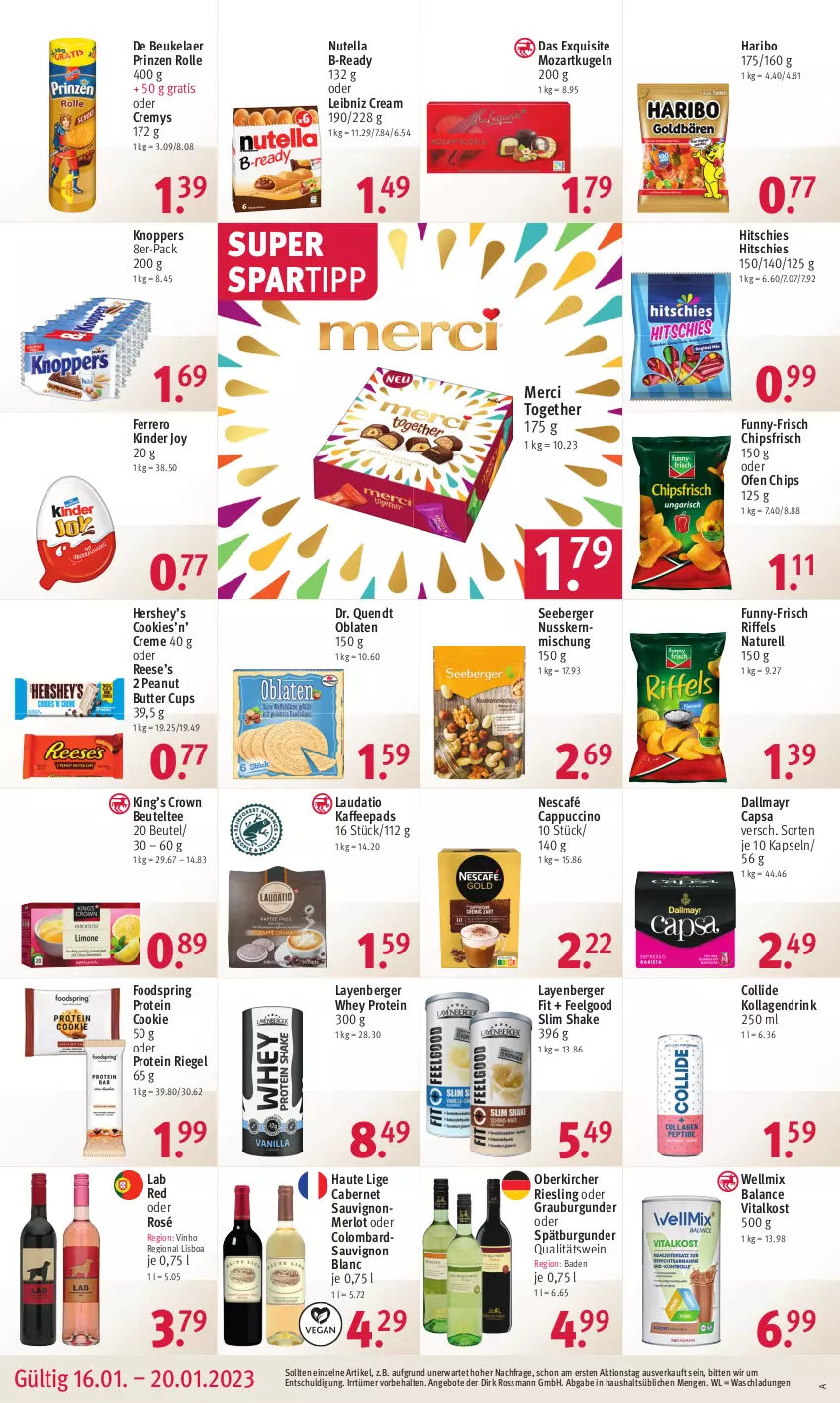 Aktueller Prospekt Rossmann - Prospekte - von 16.01 bis 20.01.2023 - strona 12 - produkty: angebot, angebote, Bad, Berger, beutel, burgunder, butter, cabernet, cabernet sauvignon, Cap, cappuccino, chips, chipsfrisch, cin, cookie, cookies, creme, cremys, dallmayr, dallmayr capsa, de beukelaer, drink, eis, ferrero, funny-frisch, grauburgunder, haribo, kaffee, kaffeepads, Kinder, knoppers, Kollagen, Kugel, leibniz, LG, merci, merl, merlot, natur, Nescafé, nuss, nutella, Oblaten, Ofen, peanut butter, prinzen rolle, qualitätswein, reis, rel, riegel, riesling, ring, sauvignon, sauvignon blanc, seeberger, shake, spartipp, spätburgunder, tee, Ti, vita, wein, ZTE