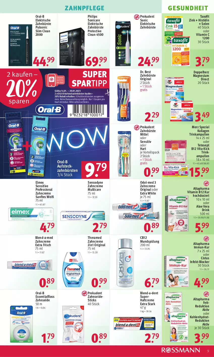 Aktueller Prospekt Rossmann - Prospekte - von 16.01 bis 20.01.2023 - strona 9 - produkty: aloe vera, Altapharma, aufsteckbürsten, blend-a-med, bürste, bürsten, coupon, creme, doppelherz, Dr. Best, drink, elektrische zahnbürste, elmex, Essentialfloss, Gesundheit, gin, Haftcreme, Kollagen, magnesium, Merz Spezial, mundspülung, Odol, Odol-med 3, oral-b, Philips, Prokudent, sensodyne, sonicare, spartipp, Spezi, spülung, spülung 200 ml, Taxofit, theramed, Ti, Tiere, vita, Vitamin B, Vitamin C, zahnbürste, zahnbürsten, zahncreme, Zahnseide