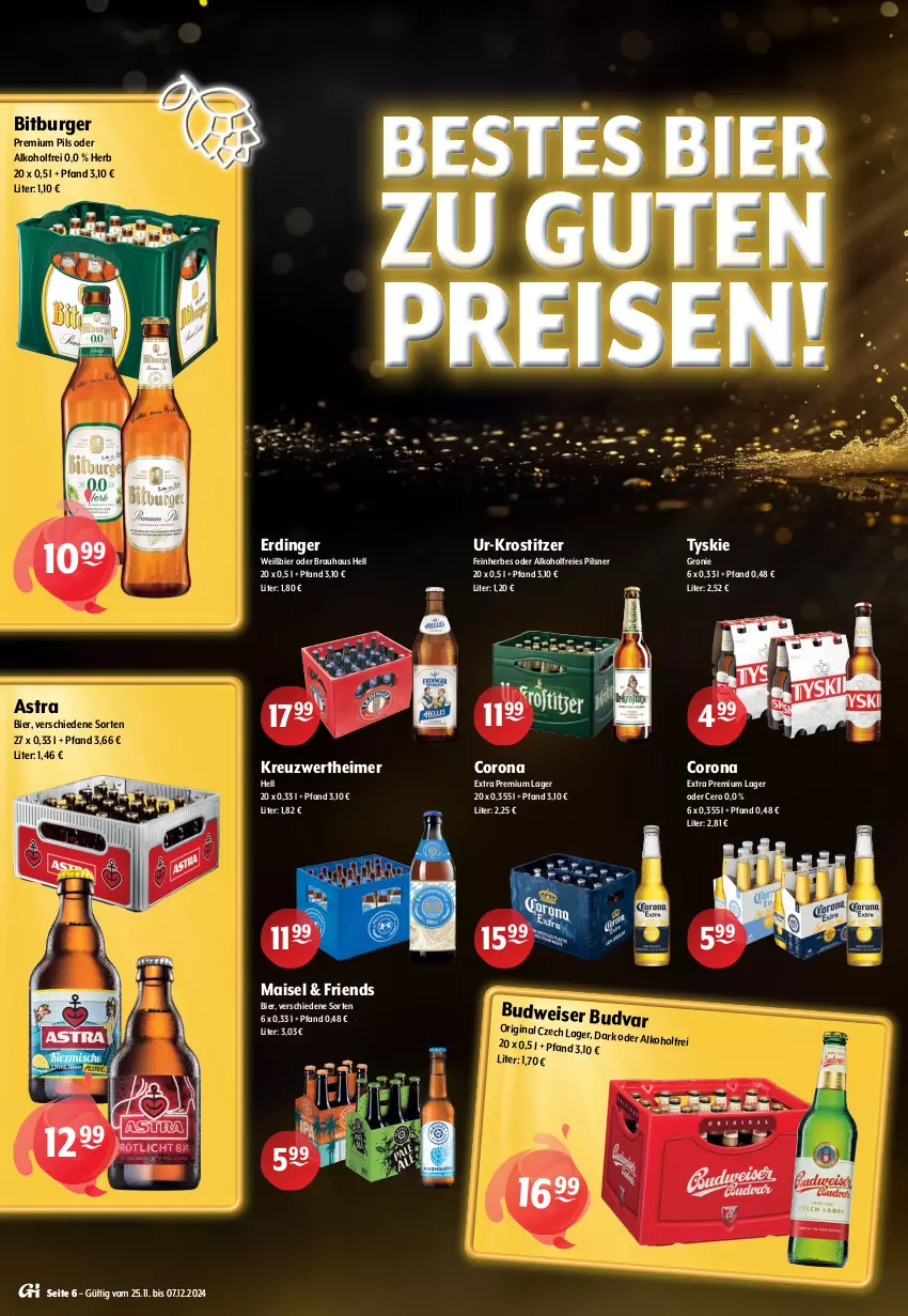 Aktueller Prospekt Getraenke Hoffmann - Prospekte - von 25.11 bis 07.12.2024 - strona 6 - produkty: alkohol, Astra, bier, bitburger, budweiser, burger, corona, eimer, eis, erdinger, gin, mais, pils, pilsner, premium pils, reis, Ti, tyskie