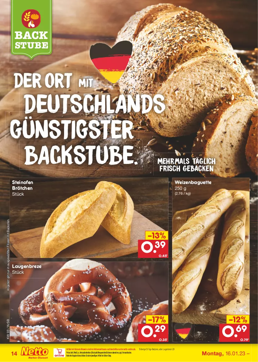 Aktueller Prospekt Netto Marken-Discount - Filial-Angebote - von 16.01 bis 21.01.2023 - strona 14 - produkty: angebot, backofen, baguette, bestpreis, brötchen, eis, geback, ndk, Ofen, reis, steinofen, stube, Ti