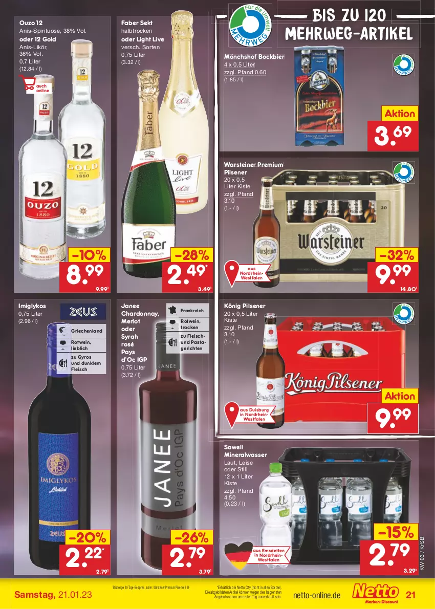 Aktueller Prospekt Netto Marken-Discount - Filial-Angebote - von 16.01 bis 21.01.2023 - strona 21 - produkty: Alwa, angebot, bestpreis, bier, chardonnay, eis, fleisch, gyros, könig pilsener, likör, merl, merlot, mineralwasser, mönchshof, ouzo, ouzo 12, pasta, Pastagericht, pils, pilsener, premium pils, reis, rotwein, rwe, sekt, steiner, Ti, warsteiner, wasser, wein, ZTE