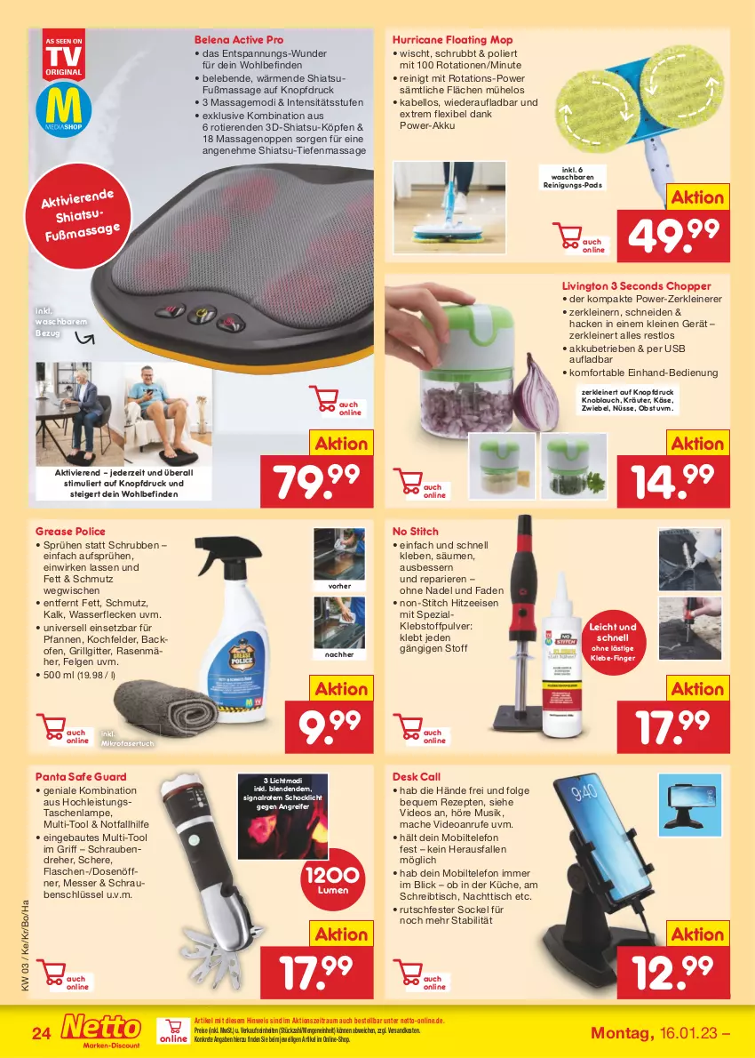 Aktueller Prospekt Netto Marken-Discount - Filial-Angebote - von 16.01 bis 21.01.2023 - strona 24 - produkty: akku, backofen, Bau, deo, Dosenöffner, eis, felgen, flasche, grill, Käse, knoblauch, kochfeld, kräuter, küche, Lampe, leine, LG, mac, messer, mikrofaser, ndk, obst, Ofen, pfanne, pfannen, rasen, rasenmäher, Reinigung, reis, rezept, rezepte, Schere, schrauben, Schraubendreher, schreibtisch, Signal, Spezi, Tasche, taschen, taschenlampe, telefon, Ti, Tiere, tisch, tuc, usb, wasser, Zerkleinerer, zwiebel