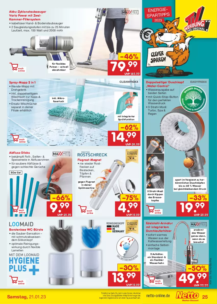 Aktueller Prospekt Netto Marken-Discount - Filial-Angebote - von 16.01 bis 21.01.2023 - strona 25 - produkty: akku, angebot, armatur, besteck, bestecke, bodenstaubsauger, brause, bürste, edelstahl, eis, elle, gsw, mikrofaser, pfanne, pfannen, Rauch, Reinigung, Seife, spartipp, staubsauger, Ti, tuc, tücher, wasser, WC-Bürste, ZTE