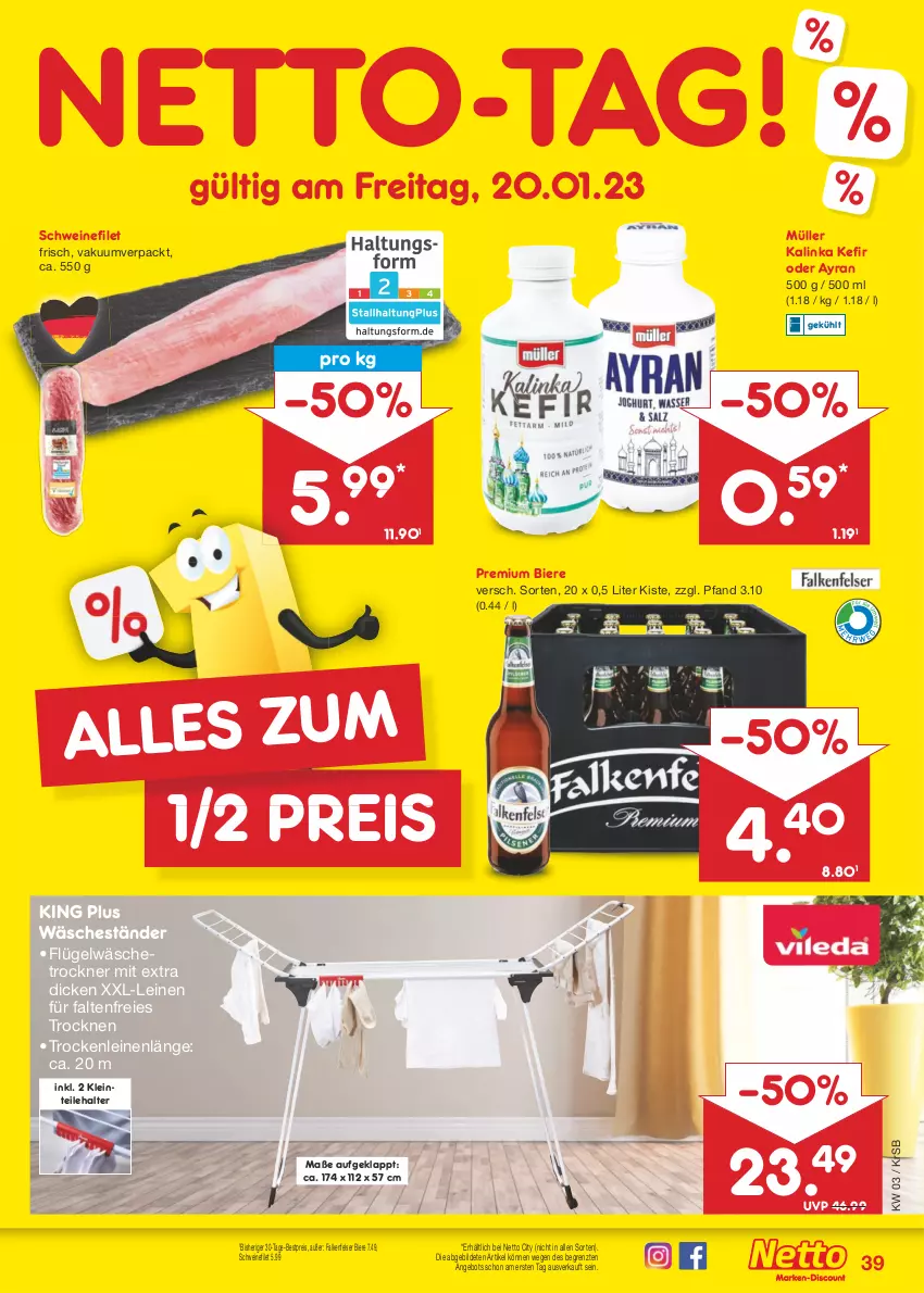 Aktueller Prospekt Netto Marken-Discount - Filial-Angebote - von 16.01 bis 21.01.2023 - strona 39 - produkty: angebot, Ayran, bestpreis, bier, Biere, eis, filet, Kefir, leine, Müller, reis, schwein, schweine, schweinefilet, Ti, Trockner, wäschetrockner, wein, weine, ZTE