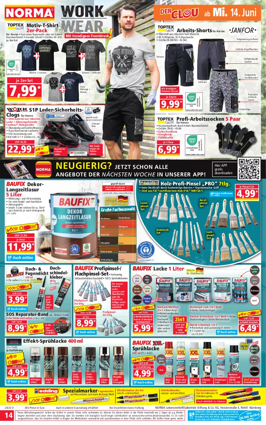 Aktueller Prospekt Norma - Norma - von 12.06 bis 19.06.2023 - strona 14 - produkty: angebot, angebote, Arbeitssocken, arla, Bau, baumwolle, Bebe, braun, Clogs, creme, decke, eis, Elan, elle, fenster, gin, Holz, HP, Kette, kleber, kraft, lack, lack matt, Lacke, lebensmittel, LG, milch, ndk, nuss, perla, Pinsel, Pinselset, reifen, reis, Ria, shirt, shorts, socken, Spezi, Spezialmarker, Sprühlack, T-Shirt, Tasche, taschen, tee, Ti, Tiere, tisch, wasser, Weißlack, wolle, ZTE