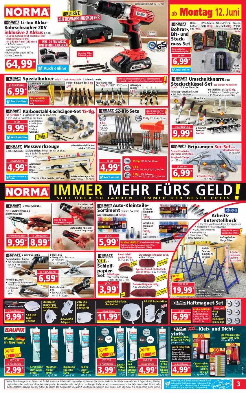 Aktueller Prospekt Norma - Norma - von 12.06 bis 19.06.2023 - strona 3 - produkty: abis, adapter, akku, asti, auer, aufbewahrungsbox, aufbewahrungskoffer, auto, Bau, Bebe, Bohrerset, Bohrschrauber, Draht, edelstahl, eis, Elektro, elle, ente, erde, gin, gsw, Holz, kleber, koffer, kraft, ladegerät, Lampe, LG, messer, ndk, nuss, papier, reis, rwe, säge, Schal, Schleifpapier, schnellladegerät, spachtel, Spezi, Sport, steckdose, Steckdosenadapter, Teleskop, Ti, Tiere, tisch, usb, Waage, wasser, werkzeug, werkzeuge, würfel, Zangen